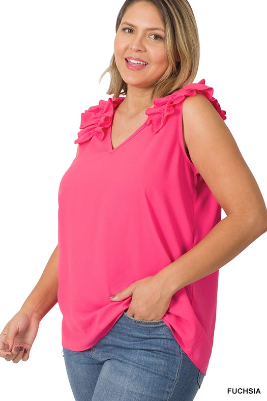 SI-22642 Plus Size Woven Wool Dobby Ruffle Trim Sleeveless Top