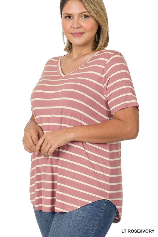 SI-22149 Plus Size Stripe V-Neck Short Sleeve Top