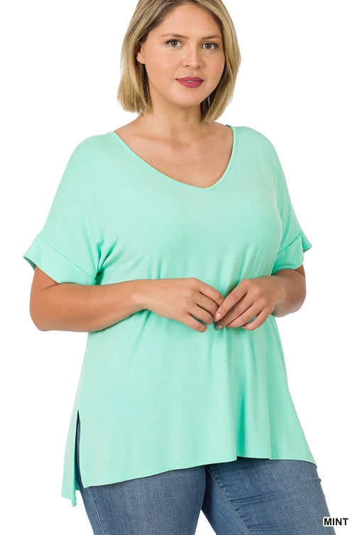 SI-21983 Plus Size Real Modal Short Sleeve V-Neck Top