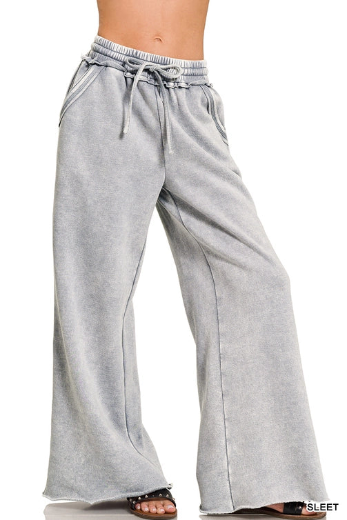 SI-26056 Acid Wash Fleece Palazzo Sweatpants with Pockets