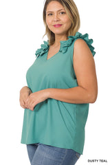 SI-22642 Plus Size Woven Wool Dobby Ruffle Trim Sleeveless Top