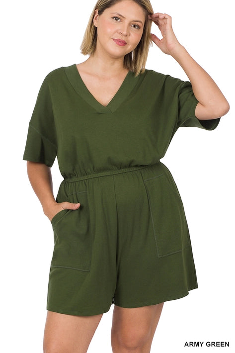 SI-22085 Plus Drop Shoulder V Neck Romper with Pockets