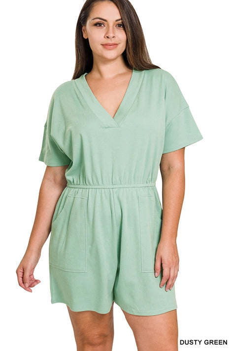 SI-22085 Plus Drop Shoulder V Neck Romper with Pockets