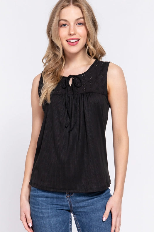 SI-24530 Fitted Sleeveless Lace Yoke Rib Knit Top