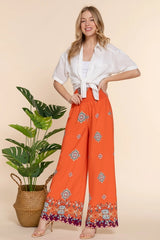 SI-25934 Wide Leg Border Print Woven Pants