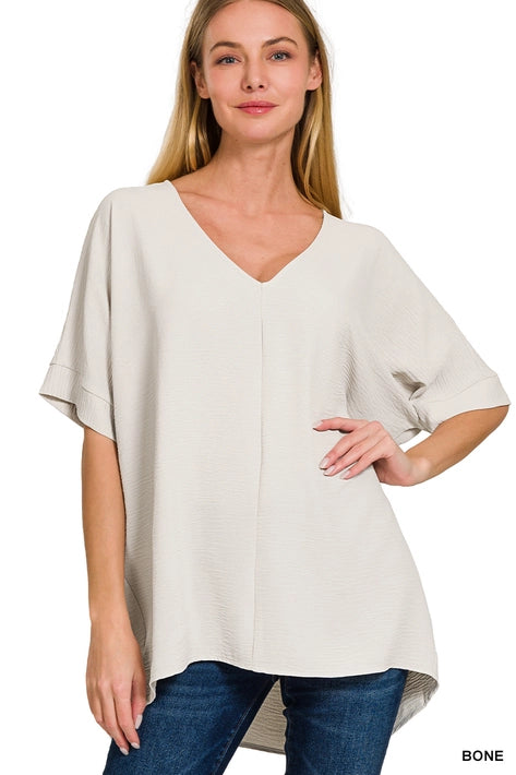 SI-24277 Woven Airflow V-Neck Dolman Short Sleeve Top