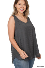 SI-23214 Plus Size Swiss Dot Sleeveless Round Neck & Round Hem To