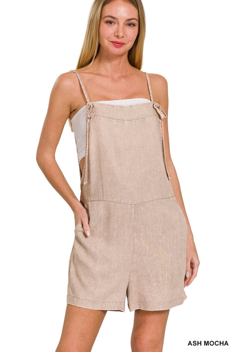 SI-25898 Washed Linen Knot Strap Rompers