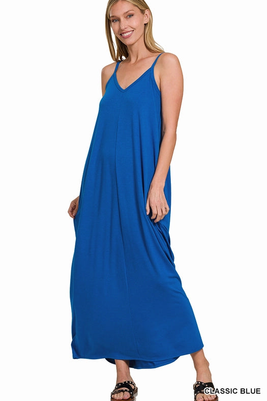 SI-25491 V-Neck Cami Maxi Dress with Side Pockets