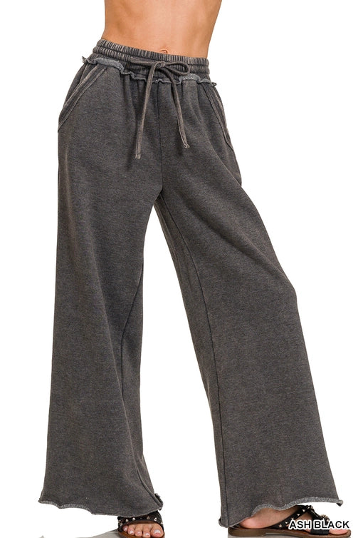 SI-26056 Acid Wash Fleece Palazzo Sweatpants with Pockets