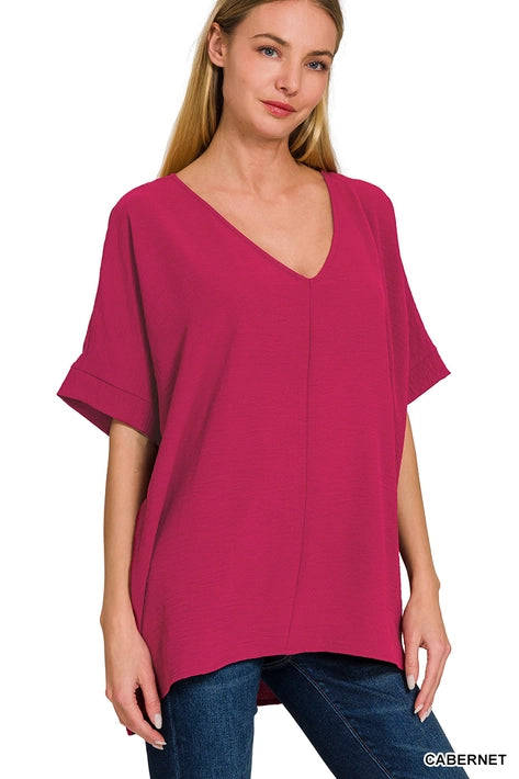 SI-24277 Woven Airflow V-Neck Dolman Short Sleeve Top