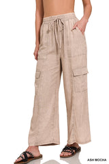 SI-25974 Washed Linen Elastic Band Waist Cargo Pants