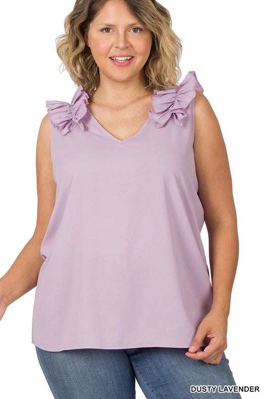 SI-22642 Plus Size Woven Wool Dobby Ruffle Trim Sleeveless Top