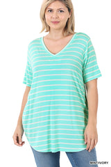 SI-22149 Plus Size Stripe V-Neck Short Sleeve Top