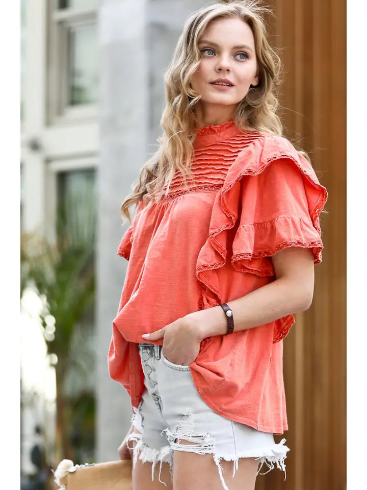 SC142003 Vintage Washed Ruffle Top