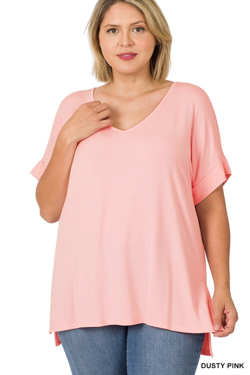 SI-21983 Plus Size Real Modal Short Sleeve V-Neck Top