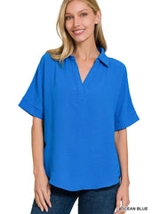 SI-25661 Woven Airflow Collared V-Neck Short Sleeve Top