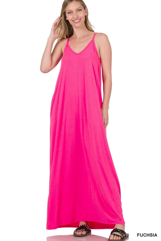 SI-25491 V-Neck Cami Maxi Dress with Side Pockets