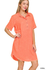 SI-25619 Washed Linen Raw Edge Button Down V-Neck Dress