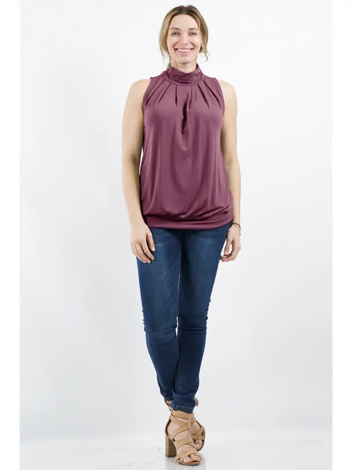 SI-15592 Plus Size High Neck Pleated Top with Waistband