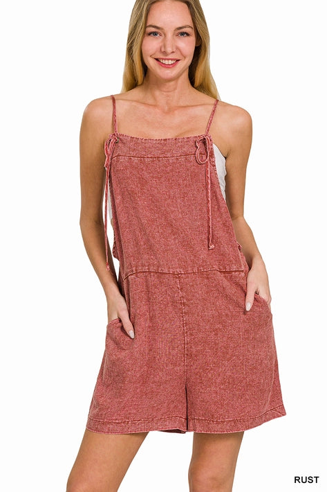 SI-25898 Washed Linen Knot Strap Rompers