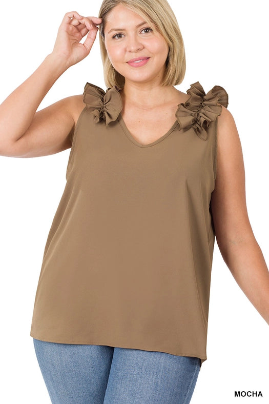 SI-22642 Plus Size Woven Wool Dobby Ruffle Trim Sleeveless Top