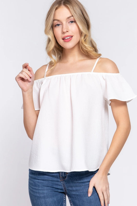 SI-24191 Slim Fit Cold Shoulder Woven Top