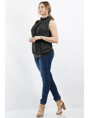 SI-15592 Plus Size High Neck Pleated Top with Waistband