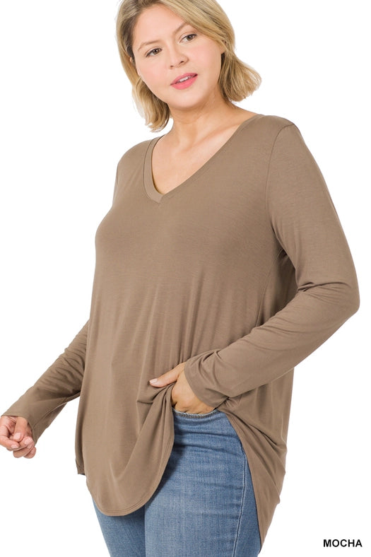 SI-15547 Plus Size Luxe Rayon Long Sleeve V-Neck Hi-Low Hem Top