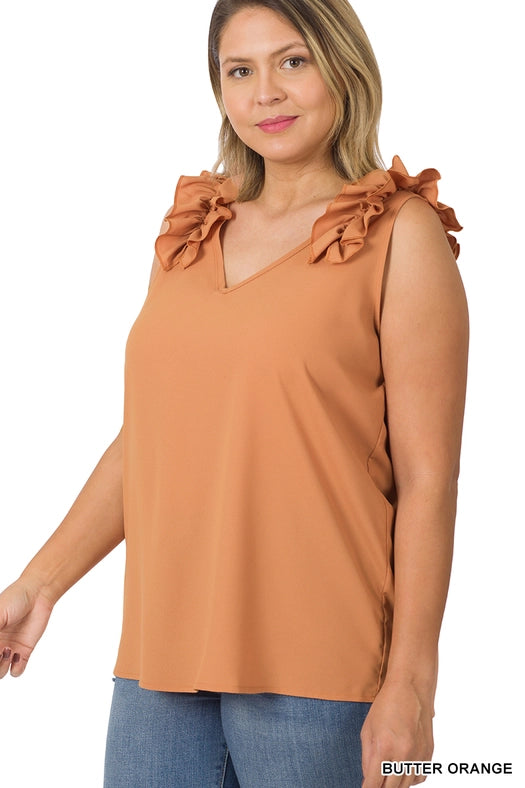 SI-22642 Plus Size Woven Wool Dobby Ruffle Trim Sleeveless Top