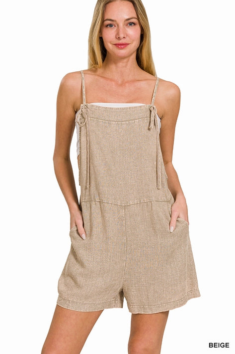 SI-25898 Washed Linen Knot Strap Rompers