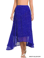 SI-23982 Polka Dot Print Hanky Hem Elastic Waist Maxi Skir