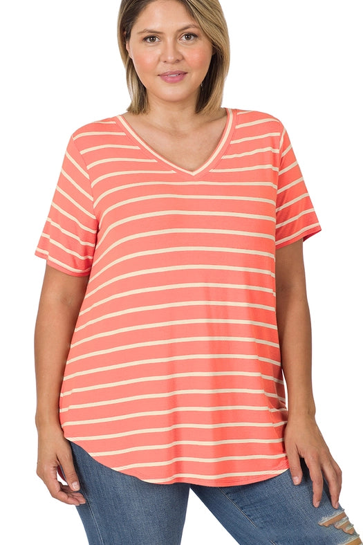 SI-22149 Plus Size Stripe V-Neck Short Sleeve Top