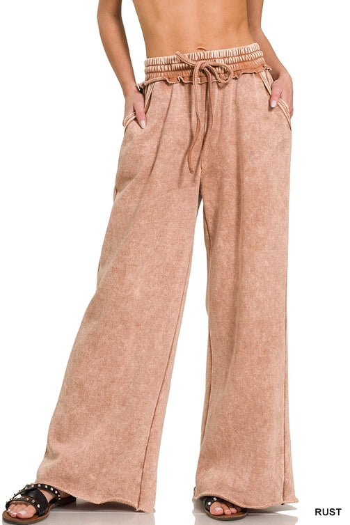 SI-26056 Acid Wash Fleece Palazzo Sweatpants with Pockets