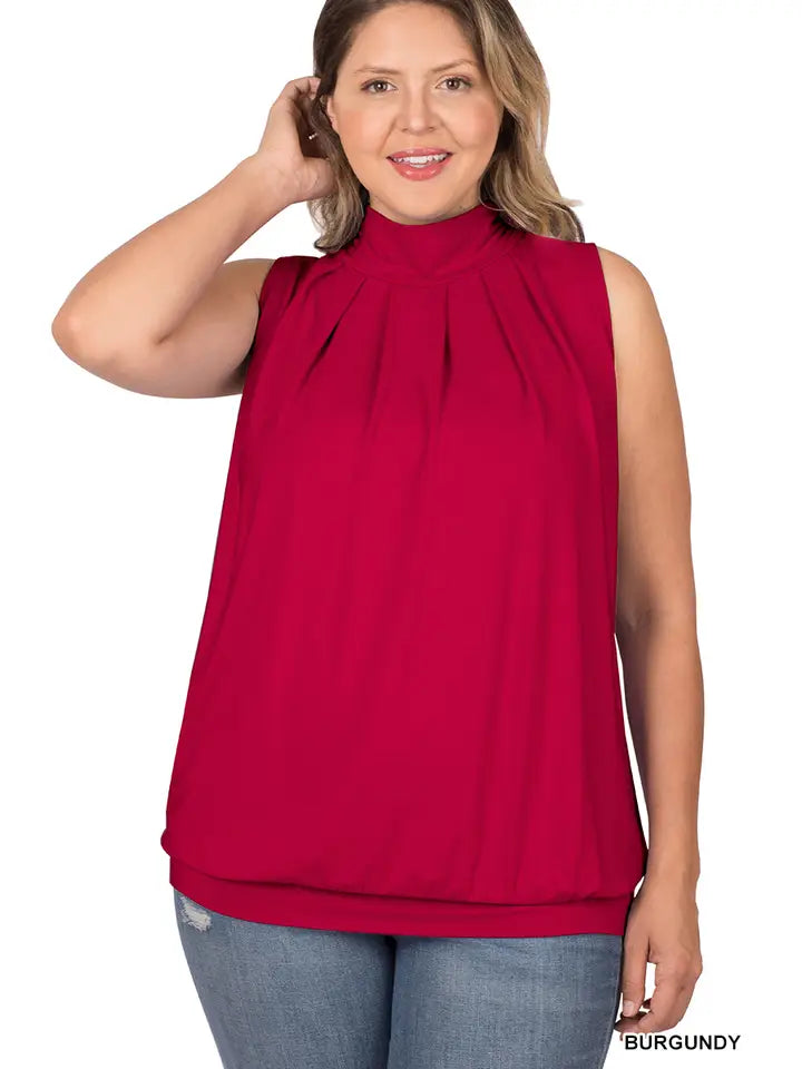 SI-15592 Plus Size High Neck Pleated Top with Waistband