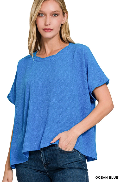 SI-25649 Woven Bubble Airflow Round Neck Short Sleeve Top