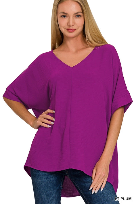 SI-24277 Woven Airflow V-Neck Dolman Short Sleeve Top