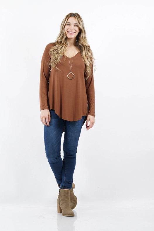 SI-15547 Plus Size Luxe Rayon Long Sleeve V-Neck Hi-Low Hem Top