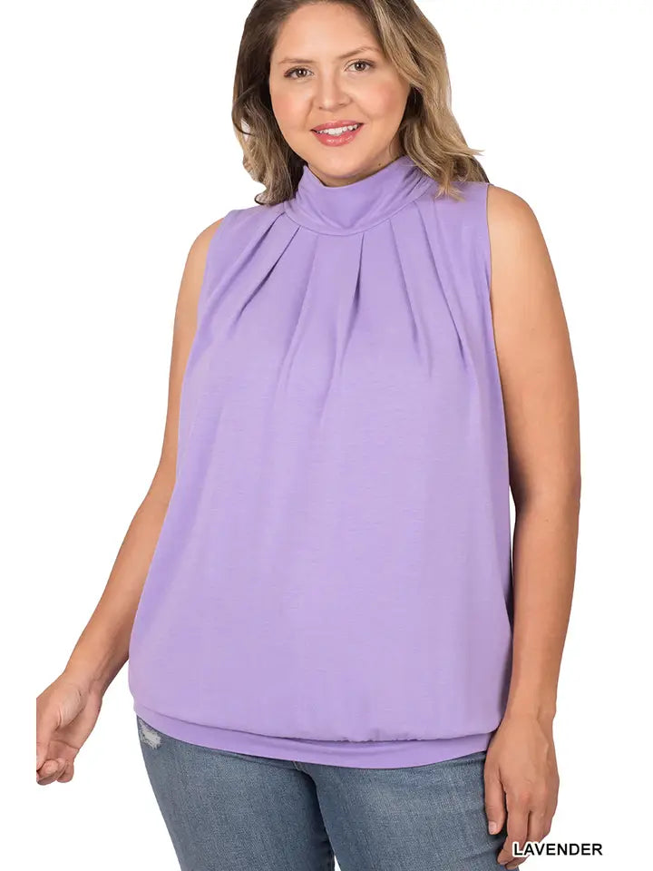 SI-15592 Plus Size High Neck Pleated Top with Waistband