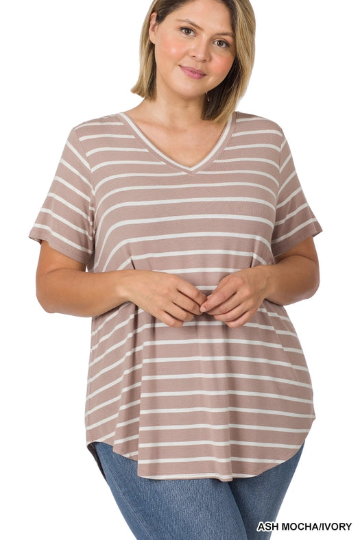 SI-22149 Plus Size Stripe V-Neck Short Sleeve Top