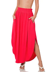 SI-23678 Smocked Waist Side Slit Maxi Skirt with Pockets