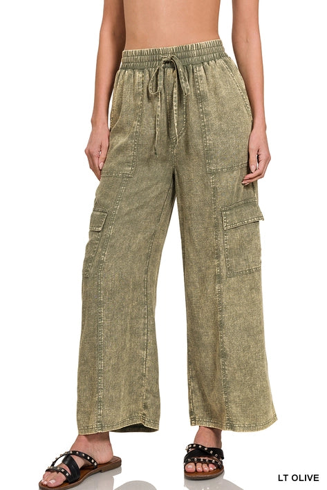 SI-25974 Washed Linen Elastic Band Waist Cargo Pants