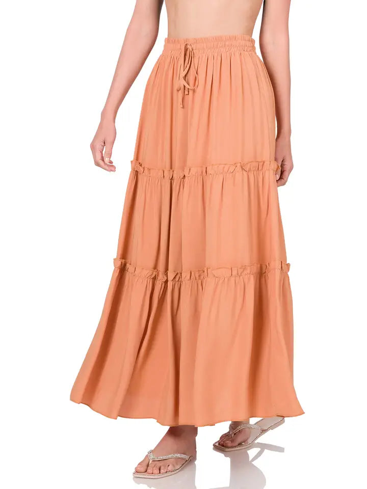 SI-23043 Woven Drawstring Waist Tiered Ruffle Maxi Skirt