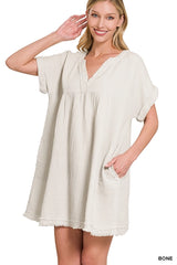 SI-23937 Rolled Short Sleeve Raw Edge V Neck Dress