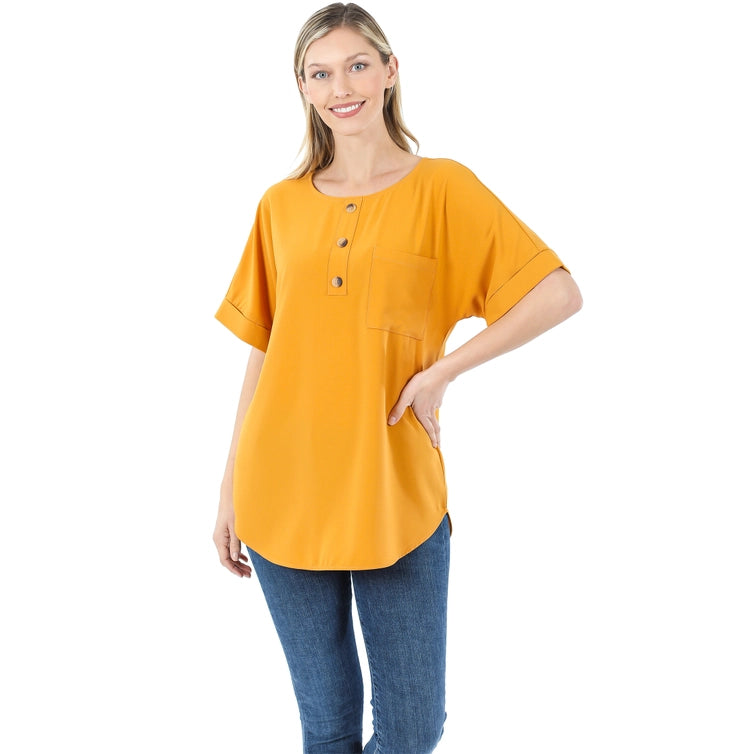 SI-19092 Woven Heavy Dobby Button Front Pocket Top