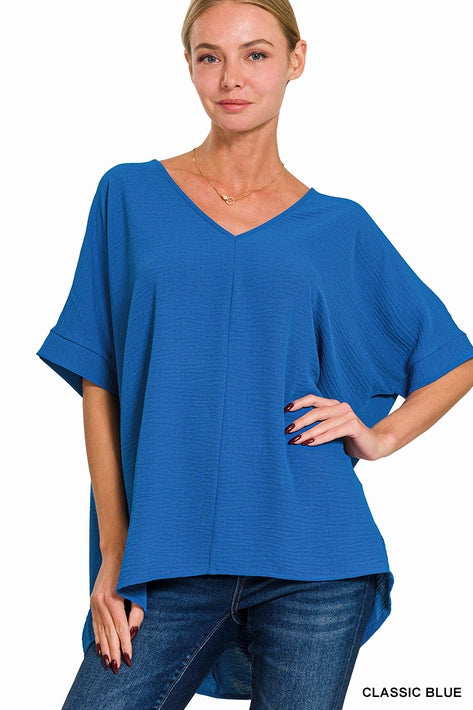 SI-24277 Woven Airflow V-Neck Dolman Short Sleeve Top