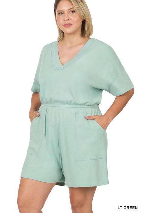 SI-22085 Plus Drop Shoulder V Neck Romper with Pockets