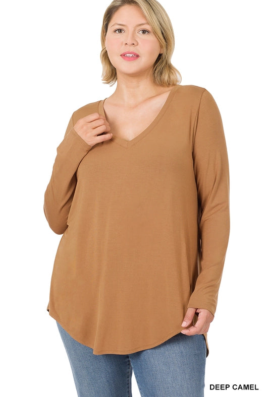 SI-15547 Plus Size Luxe Rayon Long Sleeve V-Neck Hi-Low Hem Top