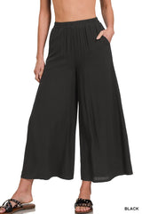 SI-25946 Elastic Waist Pocket Pleated Wide Leg Pants