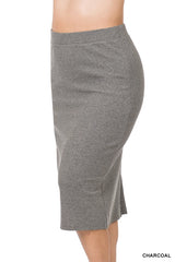 SI-21693 Plus Size Elastic Waist Ribbed Midi Skirt